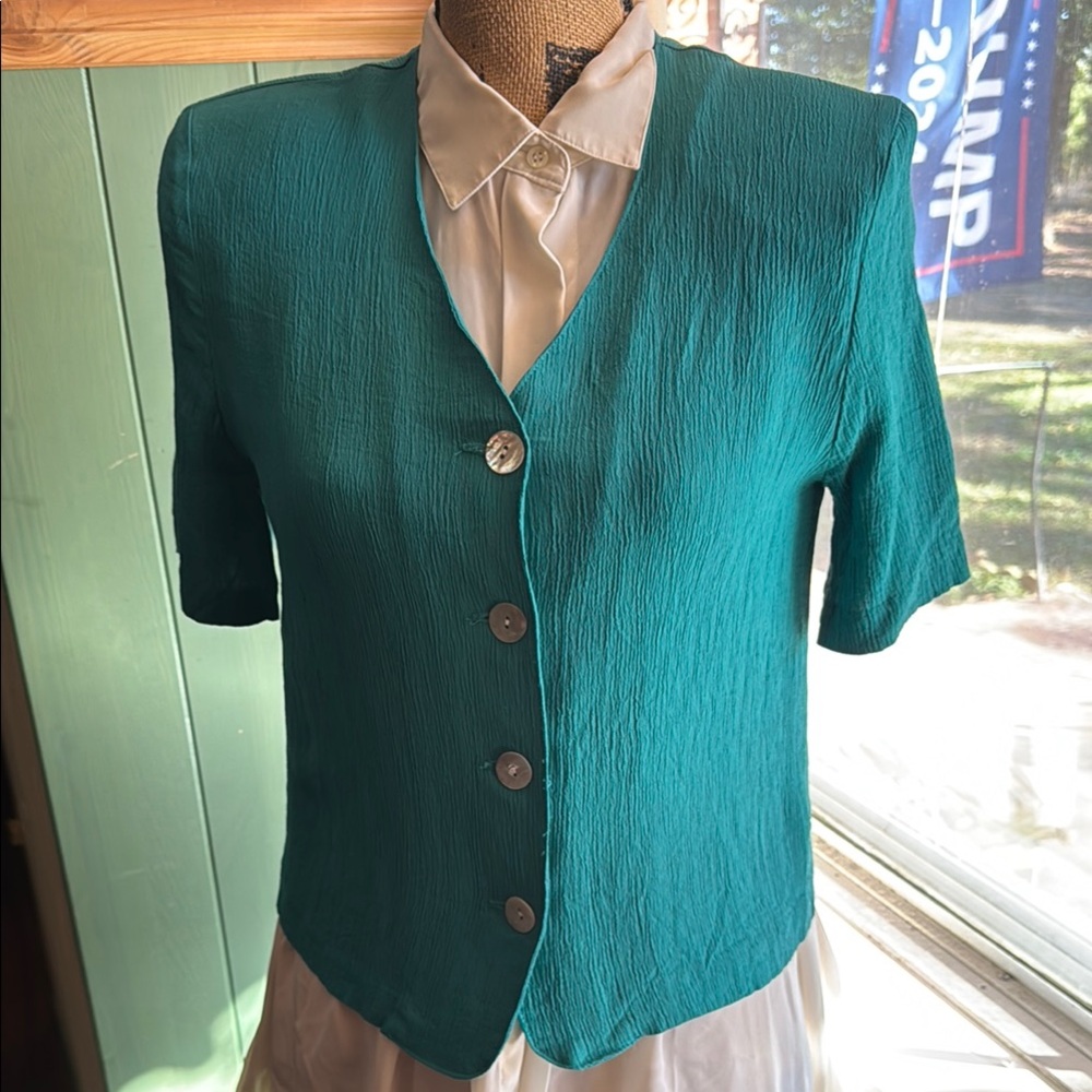 Green and Gold V-neck Short Sleeve Button Down Shirt with Peter Pan Collar